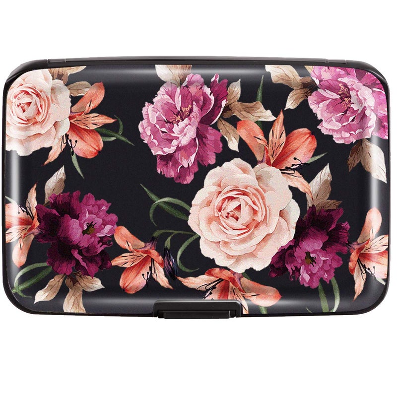 Coco Rossi Mini Credit Card Holder for Women,RFID Blocking Slim Hard Card Case ID Case Travel Wallet Black Rose Flowers - Image 1